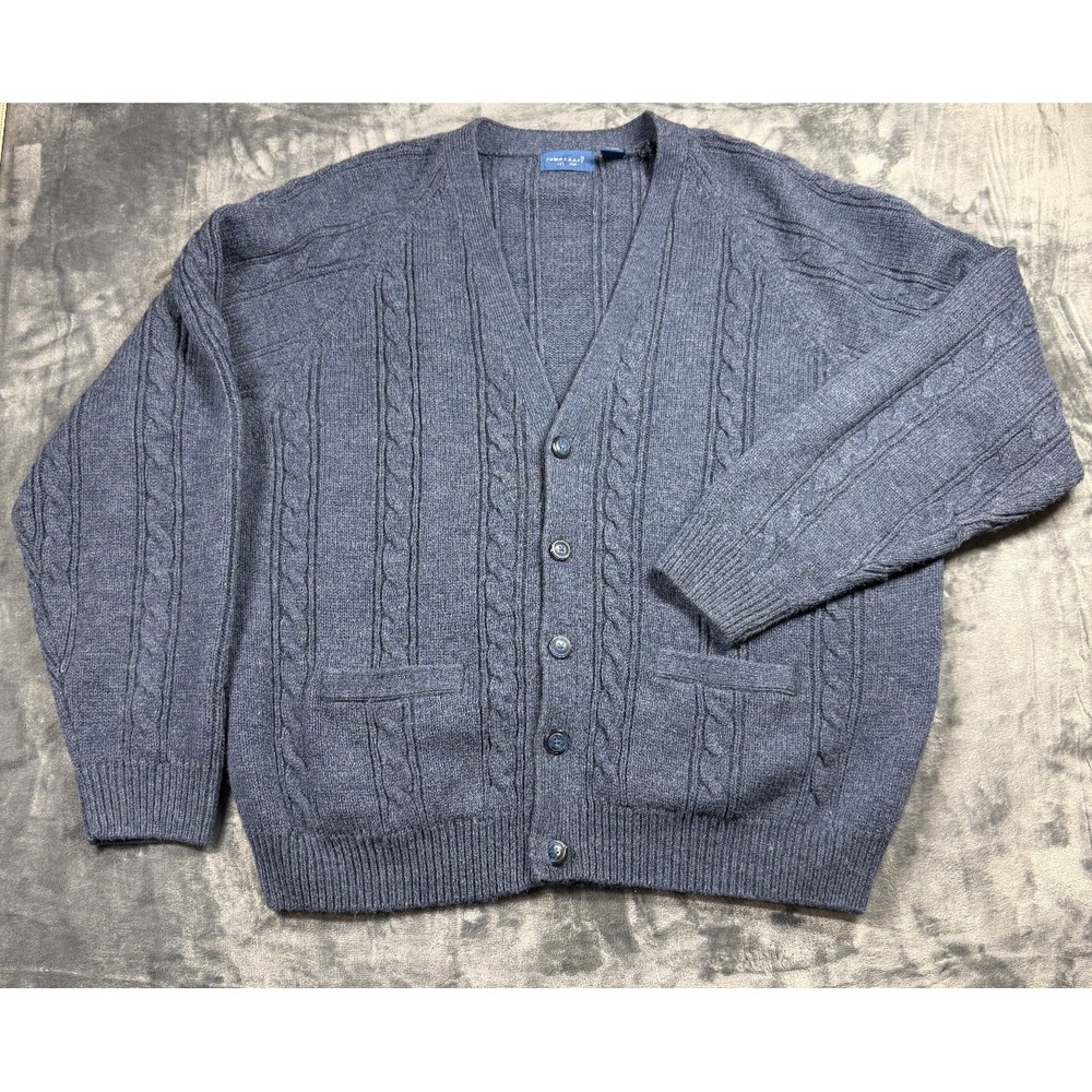 Vintage Towncraft Men's XXL Blue Cable Knit Cardigan Sweater Button Front Pocket